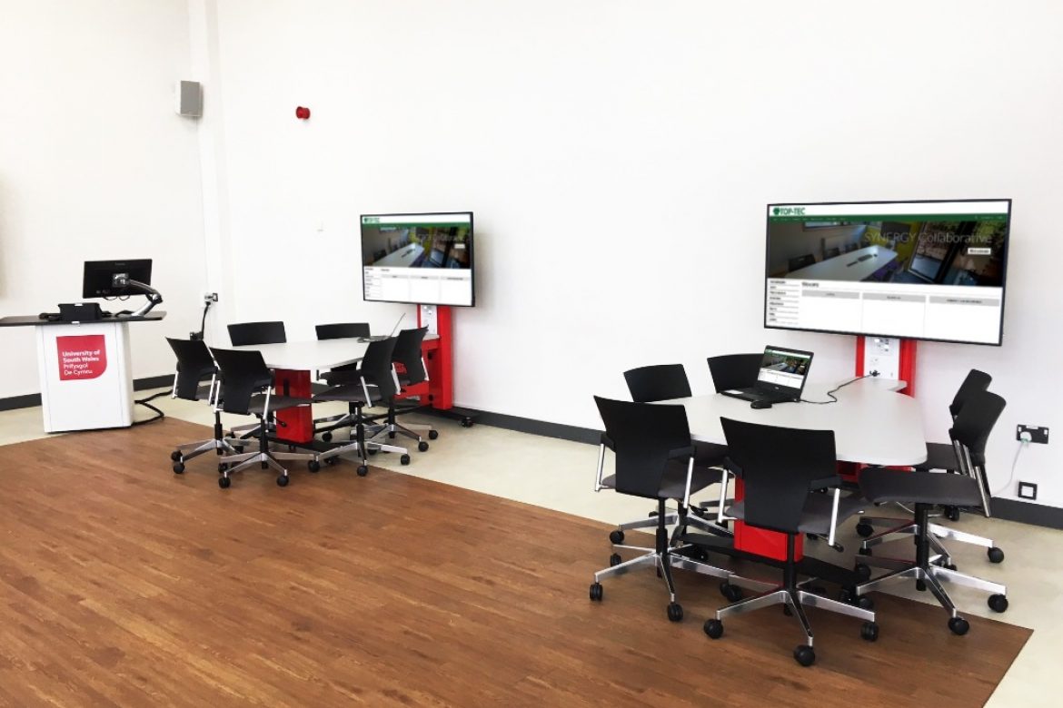 AV furniture for underutilised space at University of South Wales, two tables and lecturn